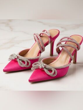 Hot Pink Satin Rhinestone Bow Pointed Toe Heels - Size 36 Mach & Mach inspired